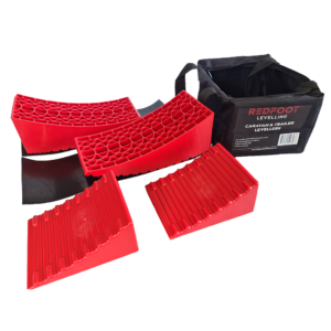 Redfoot Levelling - A set of red plastic blocks and a bag.